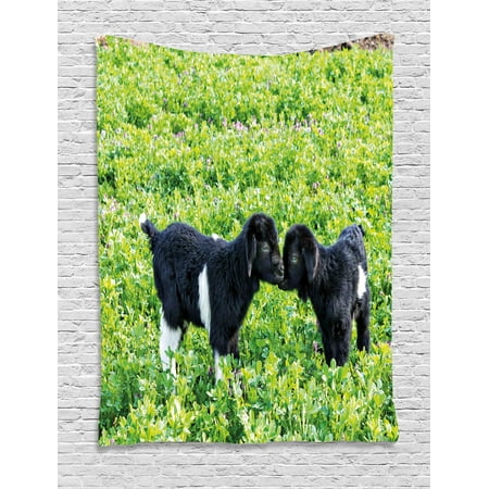 Animal Tapestry, Baby Sheep with Nature Hills Garden Flowers Lavenders Grass Image, Wall Hanging for Bedroom Living Room Dorm Decor, 40W X 60L Inches, Apple Green Fern Green Black, by