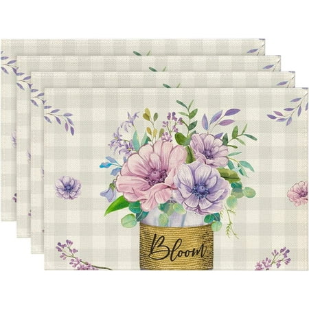 

Vase Bloom Violets Spring Buffalo Plaid Placemats Set of 4 12x18 Inch Table Mats for Party Kitchen Dining Decoration