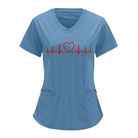 

Women Scrubs Top Nurses Clothing Workwear Working Uniform T-Shirt Printed Short Sleeve Leisure V-Neck Solid Color Shirts Blouse Tops With Pockets Top