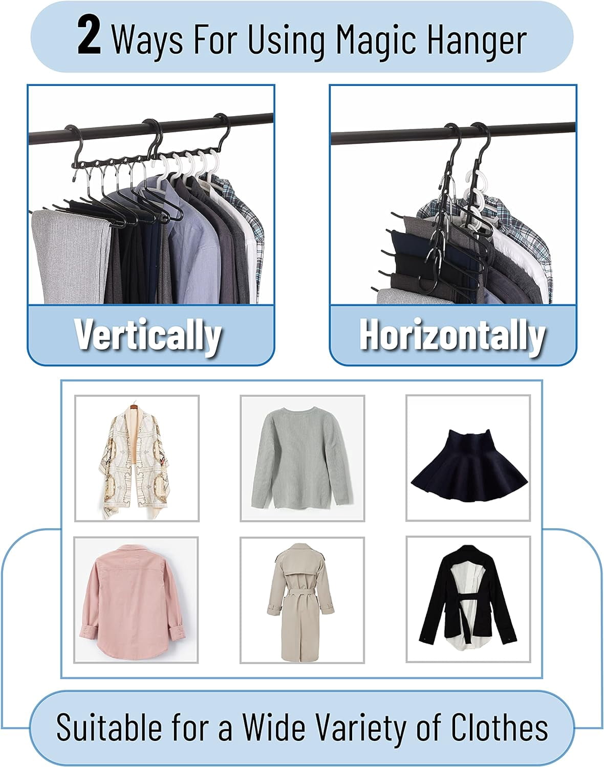8Pcs Space Saving Hangers for Clothes, Multi-Functional Closet Hanger Organizers, Space Saving, Use Both Vertically and Horizontally, College Dorm Room Students Essentials, Black