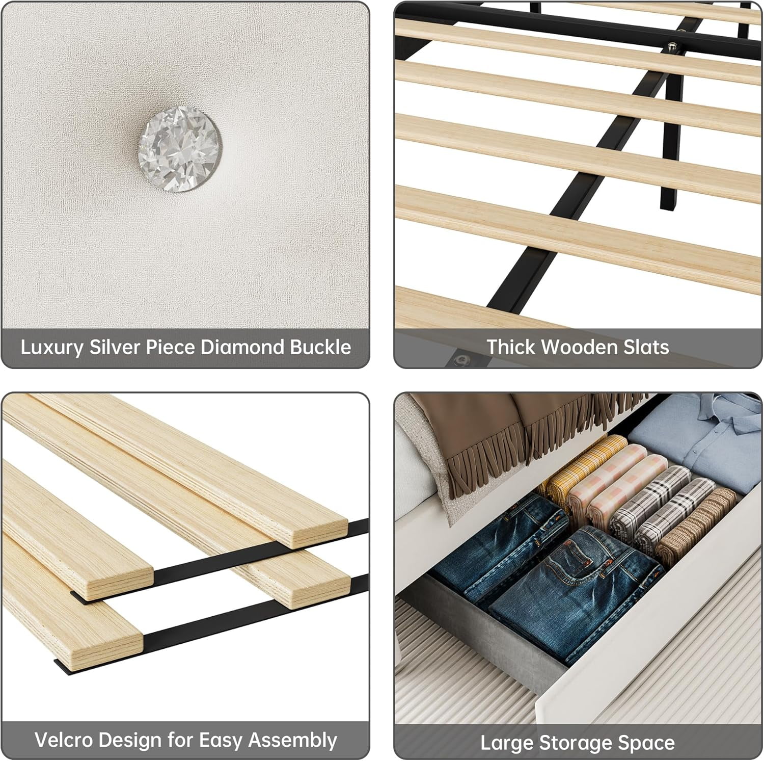 Queen Size Bed Frame, Upholstered Bed Frame with 4 Storage Drawers, Platform Bed Frame with Diamond Tufted Headboard, Wood Slat Support, No Springs Required, Easy to Assemble, White