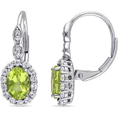 Tangelo 2-1/2 Carat T.G.W. Oval-Cut Peridot, White Topaz and Diamond-Accent 14kt White Gold Halo Leverback Earrings