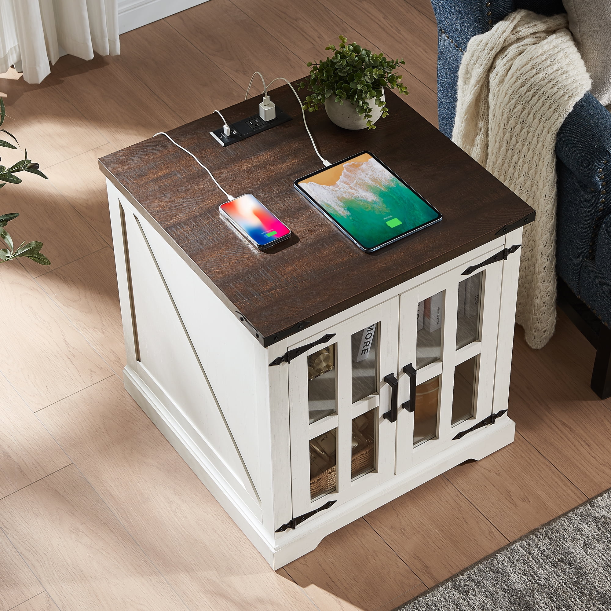 24'' Squre End Table, Nightstand Sofa Table with Glass Door, Side Table with Shelf for Living Room Bedroom, White