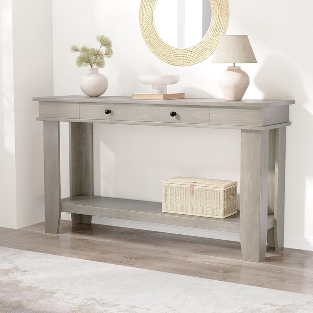 54" Farmhouse Console Table with Drawers - Wooden Entryway Table with Open Shelf for Sofa, Hallway & Living Room