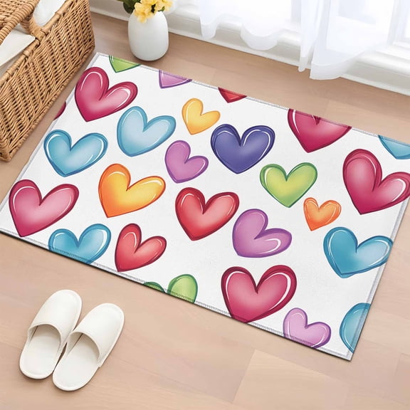2x3 Ft Entryway Area Rug, Colorful Love Heart Kitchen Rug Runner Washable Floor Mat, Modern Art Blue Yellow Red Non Slip Indoor Door Mat Throw Carpet for Bathroom Living Room Bedroom