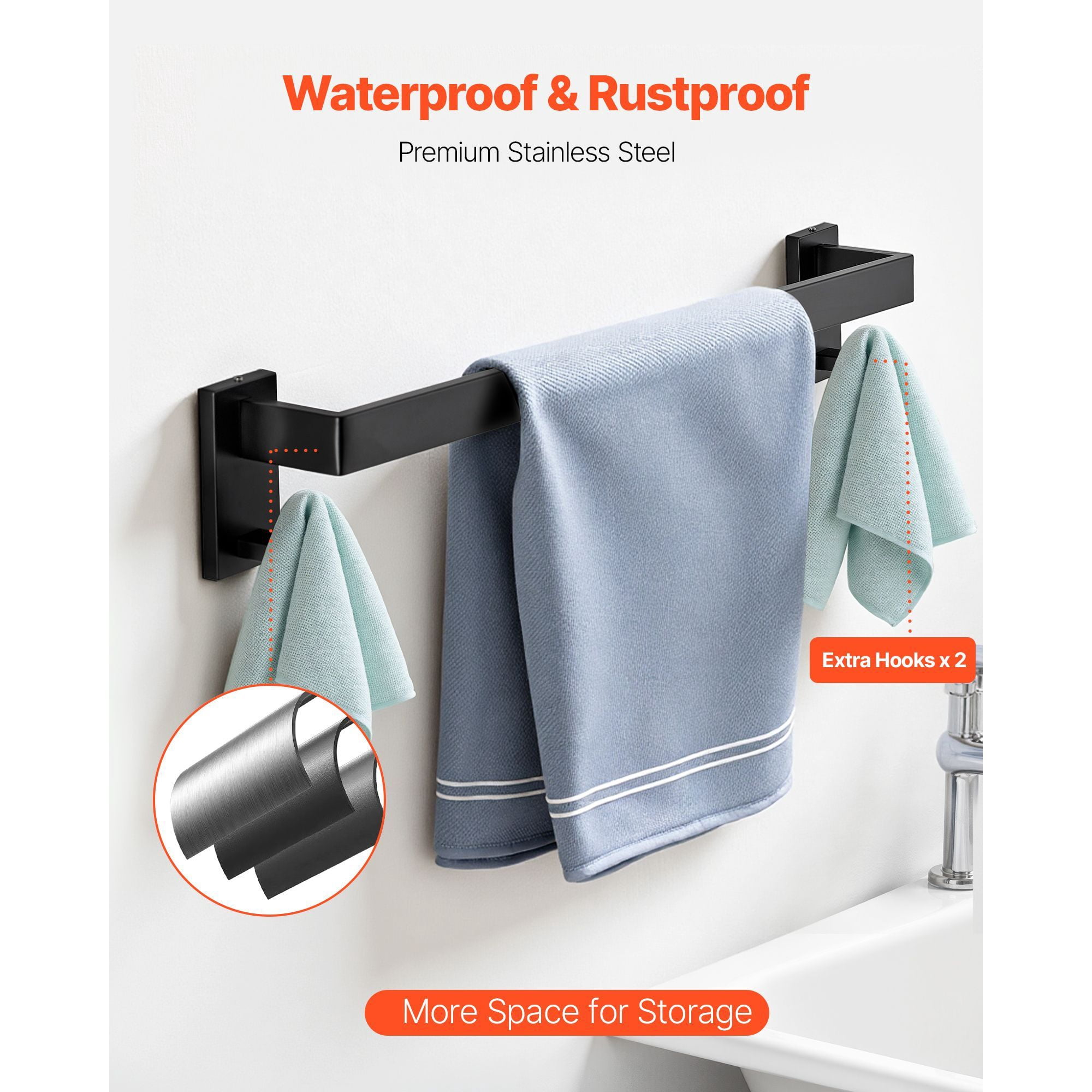 Bathroom Hardware Set 5-Piece Matte Black Stainless Steel Towel Bar with Hooks Towel Rack TP Holder 2 Robe Hooks for Bathroom Organization