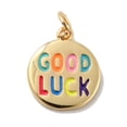 thumbnail image 2 of Flat Round with Word Good Luck Brass Enamel Pendants with Jump Rings Cadmium Free & Nickel Free & Lead Fre Real 18K Gold Plated 15.5x13.5x1.5mm Hole: 3.4mm, 2 of 3