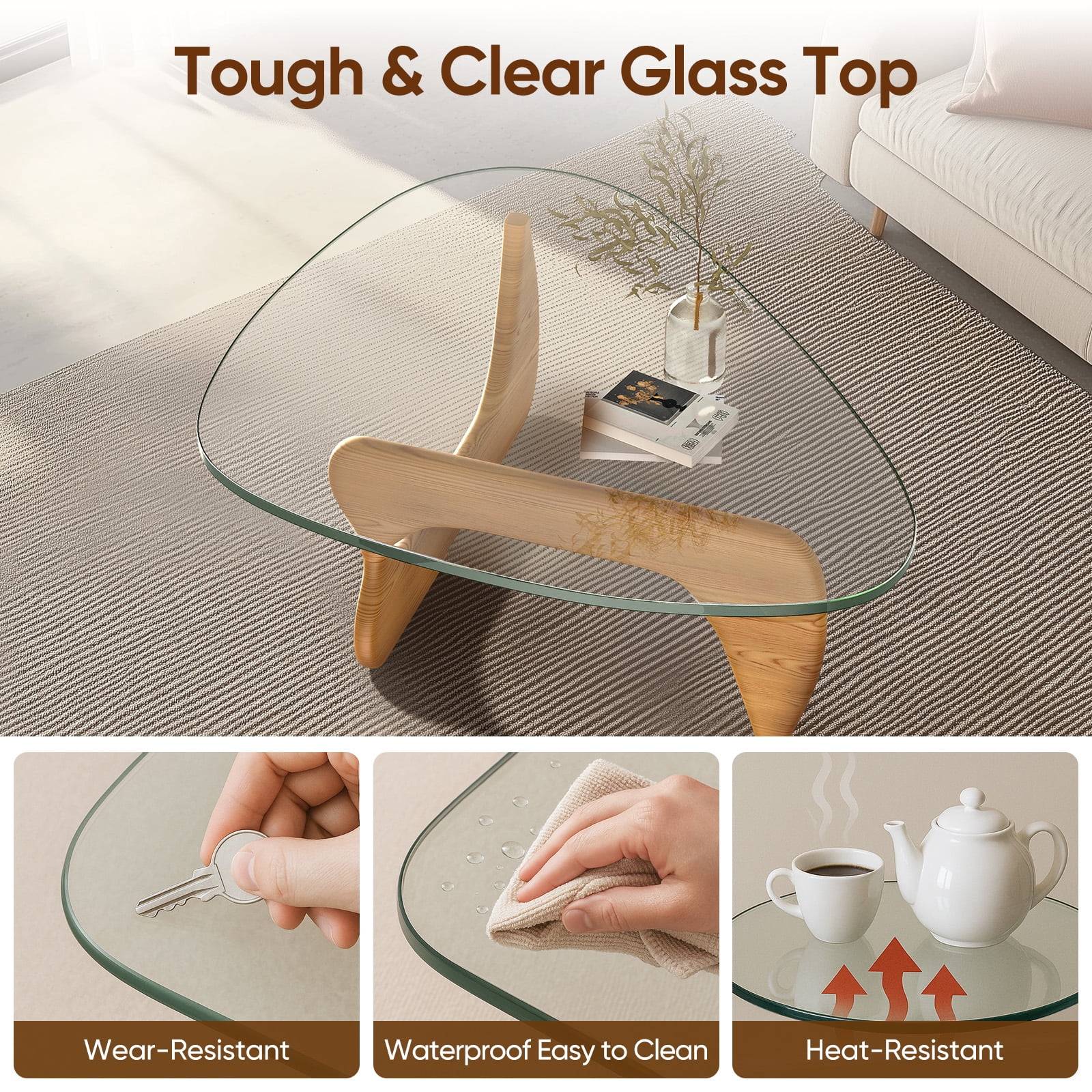 Cottinch 50" Triangle Glass Coffee Table with Wood Base for Living Room Office, Light Walnut