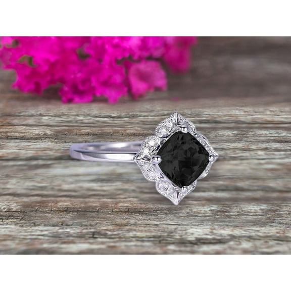Cushion Cut 1.55 Carat Vintage Floral Black Diamond Moissanite Engagement Ring On 10K White Gold Anniversary Gift Personalized For Brides