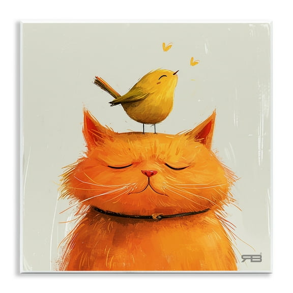 Stupell Industries Bird Perched on Cat Animals Painting Unframed Art Print Wall Art, 12 x 12