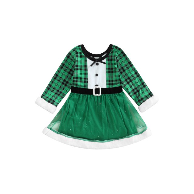 Navidad NiñOs NiñAs NiñOs Vestido A Cuadros Felpa Patchwork Malla Tul Cuello Redondo Vestido De Manga Larga XBTCLXEBCO Verde;3-4 Años