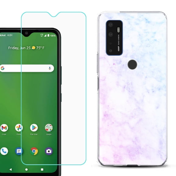 Shockproof Bumper Phone Case for AT&T Radiant Max 5G / Fusion 5G, with Tempered Glass Screen Protector, by OneToughShield ® - Marble Pink/Blue