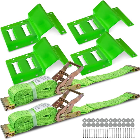 E Track Wheel Chock Tie Down Kit, 2in*15ft  Straps for  Trailer UTV ATV, Ratchet Tie Downs With  Straps (2 )