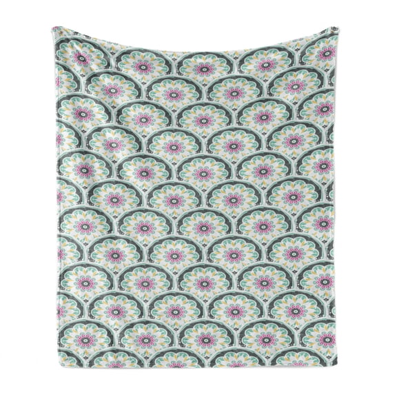 Oriental Soft Flannel Fleece Blanket, Repetitive Symmetric Pattern with Ottoman Style Mandala in Soft Colors, Cozy Plush for Indoor and Outdoor Use, 60" x 80", Sea Green and Hot Pink, by Ambesonne
