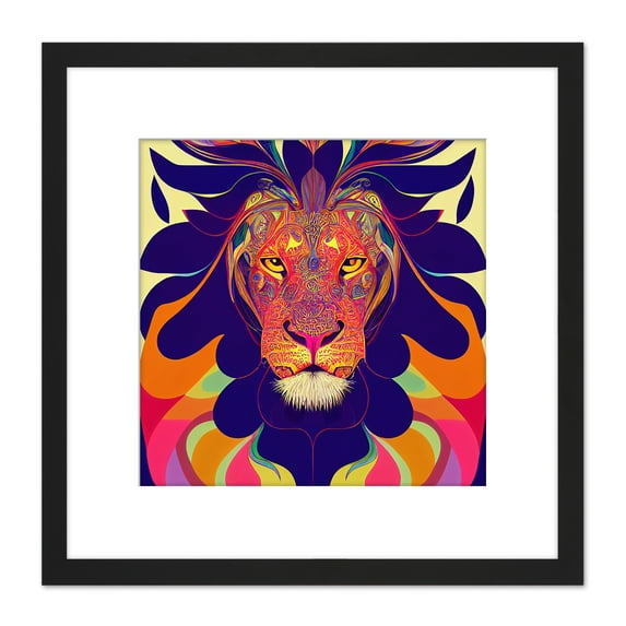Bright Colourful Multicoloured New Age Folk Style Lion Portrait Illustration Square Wooden Framed Wall Art Print Picture 8X8 Inch