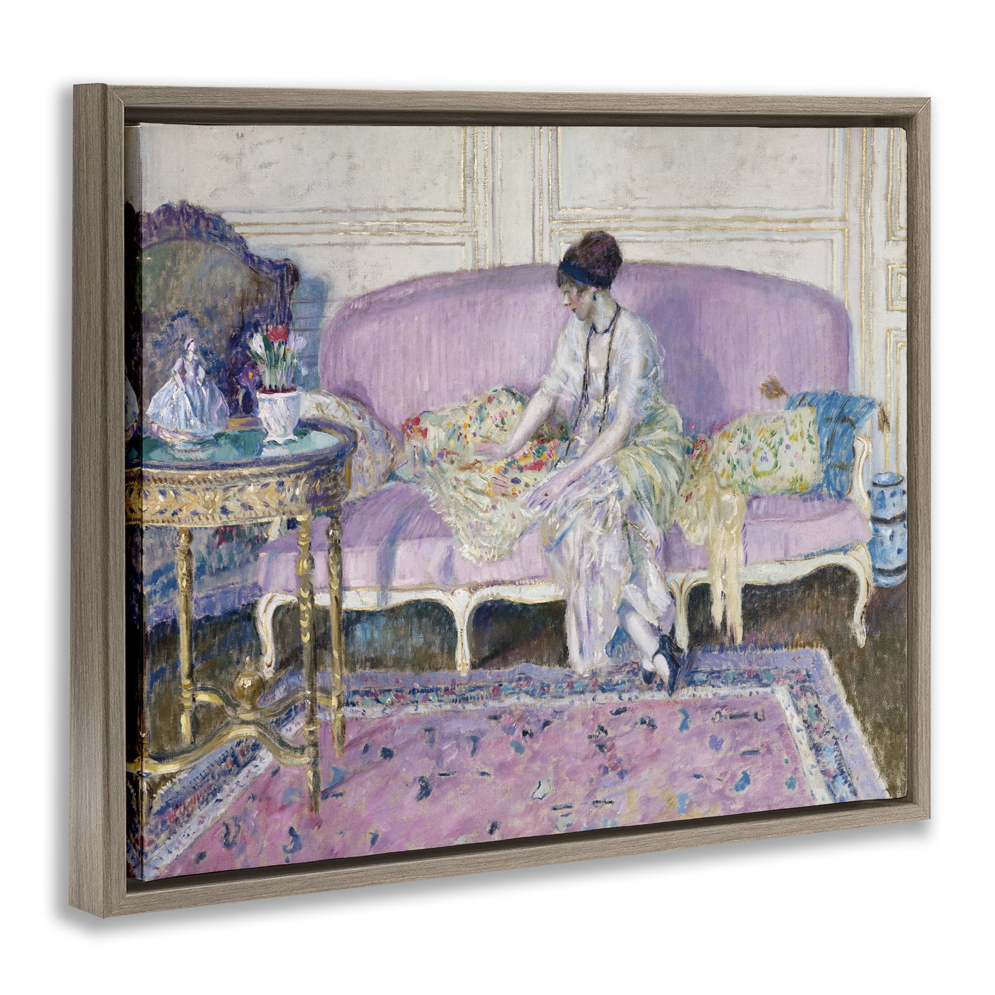 Woman Seated on Sofa Brown Framed Floater Canvas Wall Art, design by Wild Apple Portfolio