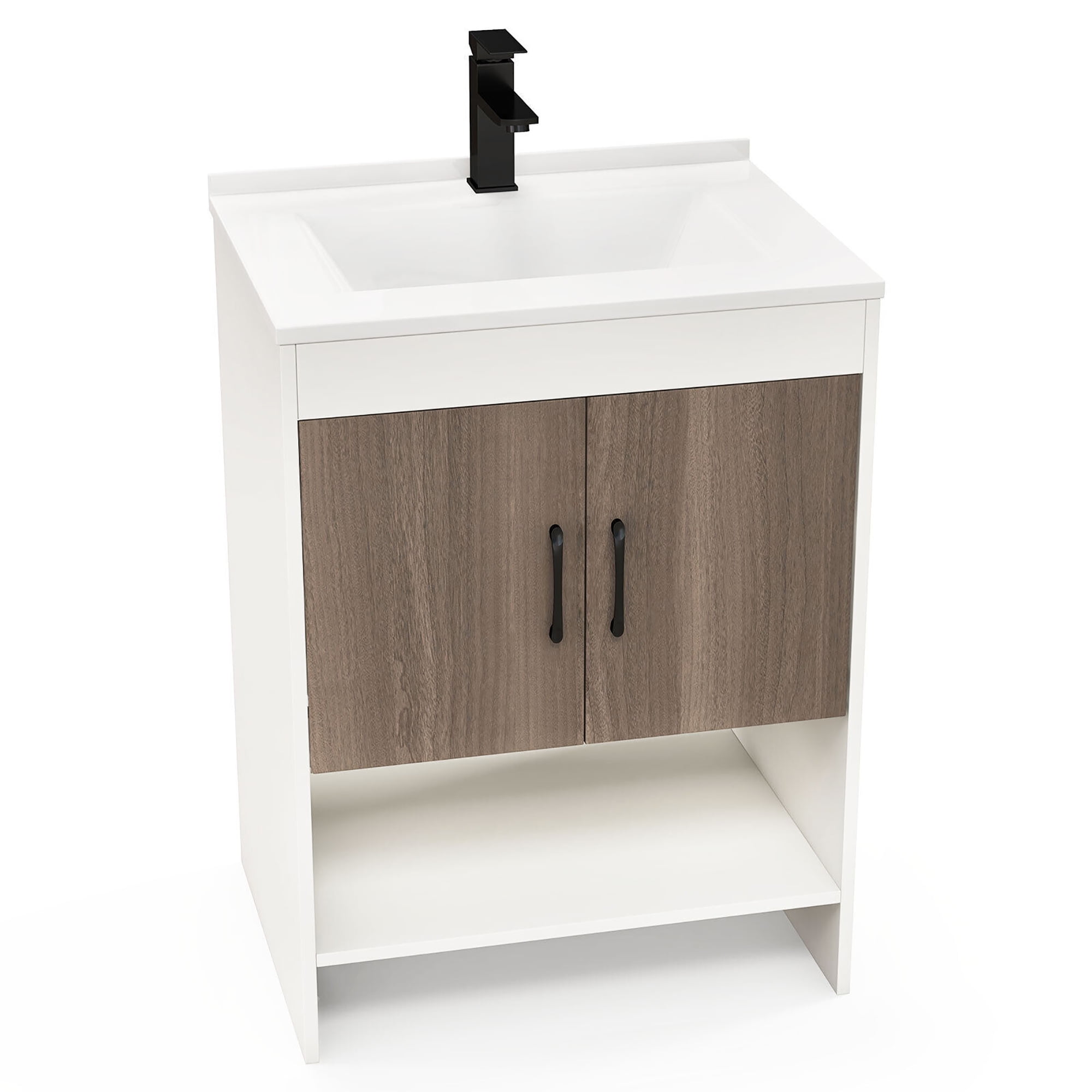 Gymax 25'' Bathroom Vanity Sink Combo w/ Doors Open Shelf Backsplash Faucet Pop Up Drain