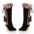 thumbnail image 5 of Mostsola Womens Snow Boots Suede Plush Winter Warm Mid Calf Boot Lace up Fringe Wedges Heels, 5 of 8
