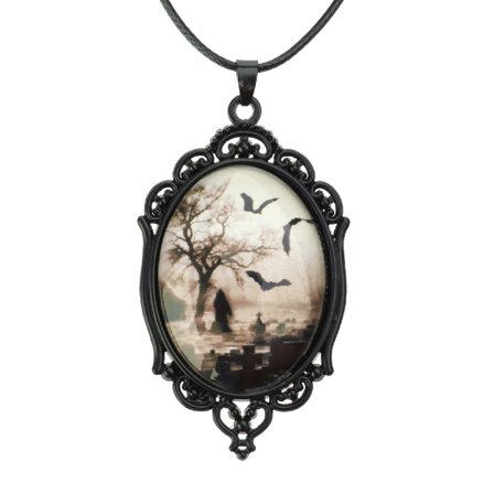Bat Cemetery Glass Pendant Necklace Punk Choker Necklace Halloween Clavicle Chain Necklace Gothic Jewelry for Women Men