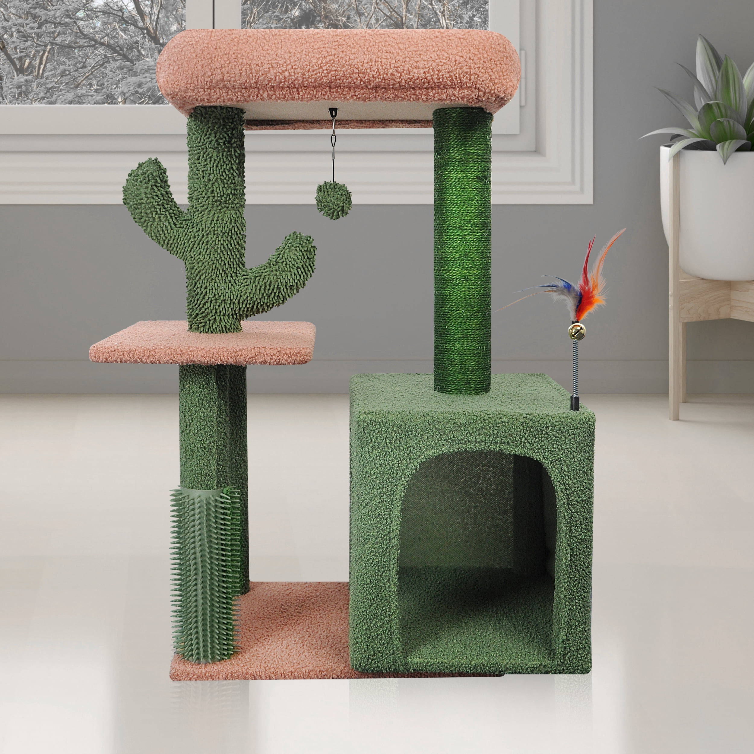 AIWIKIDE 31.50" Cactus Cat Tree for Indoor Cats with Cat Condo and Scratching Post,Cute Cat Tower with Self-Grooming Brush and Toy Balls,Green