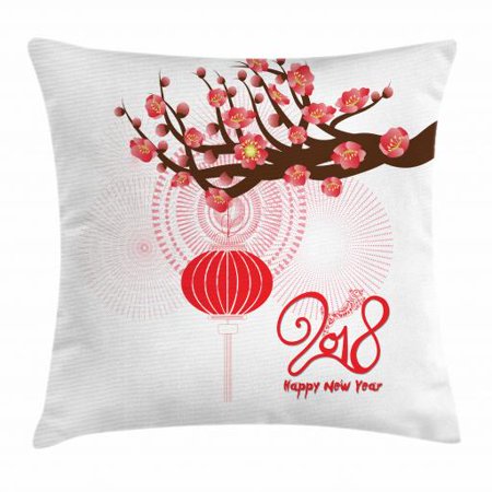 Chinese New Year Throw Pillow Cushion Cover, Blossoming Cherry Branch and Lantern with Happy Wish, Decorative Square Accent Pillow Case, 18 X 18 Inches, Brown Scarlet and Dark Coral, by (Happy Chinese New Year Best Wishes)