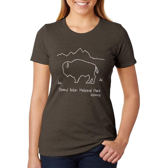 National Park Grand Teton Buffalo Juniors Soft Blend T Shirt Heather Brown X-LG