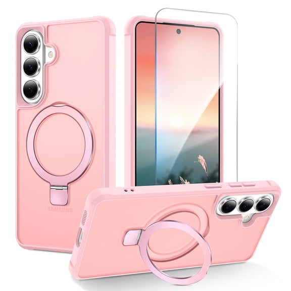 Allytechgroup for Samsung Galaxy S26 6.2" Case with Screen Protector Ring Holder, Magnetic Back Cover Compatible with Magsafe & Car Mount Heavy Duty Shockproof Ring Grip Non-Slip, Pink