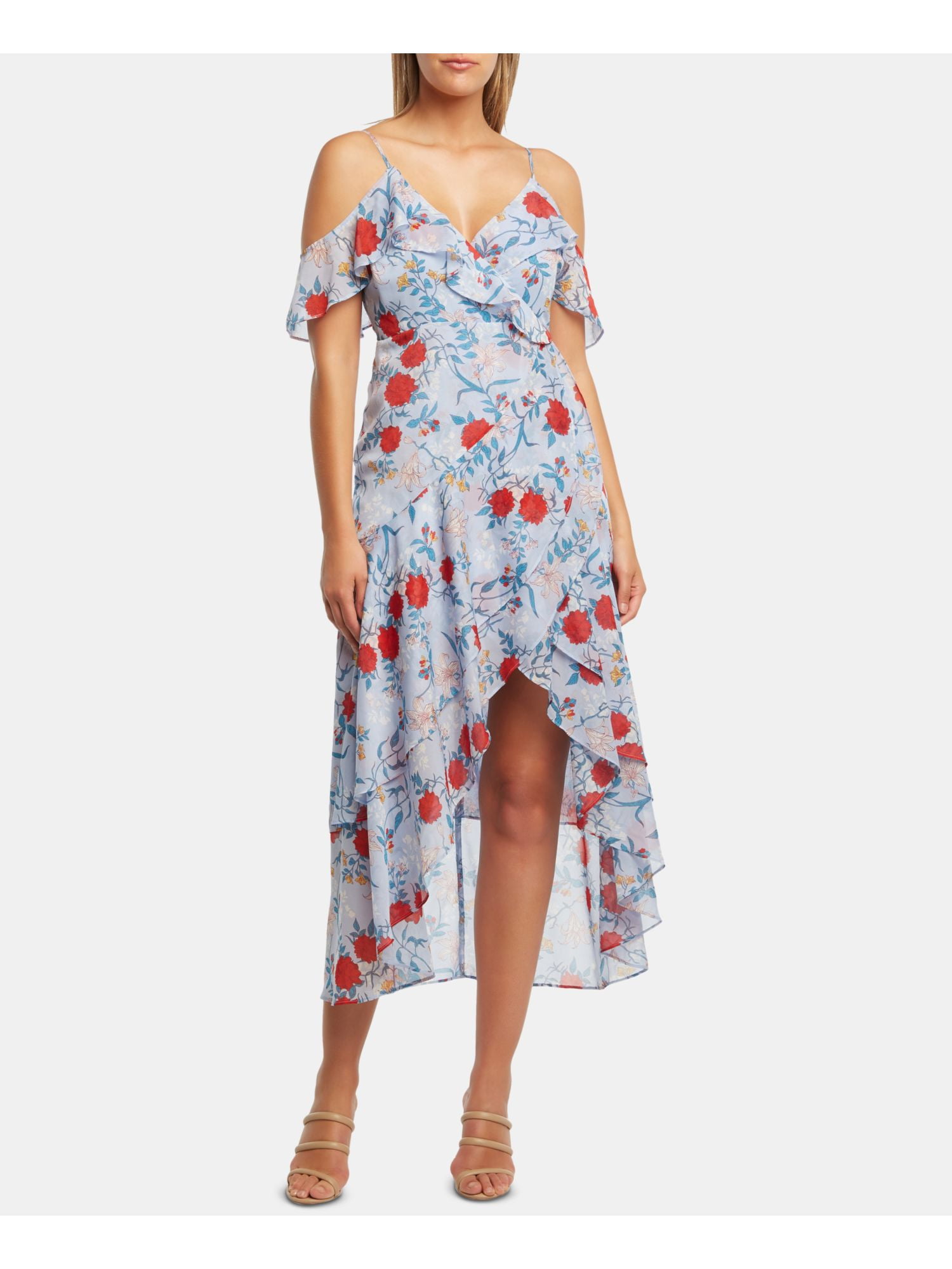 Bardot - BARDOT Womens Blue Cold Shoulder Floral Short Sleeve V Neck Tea-Length Hi-Lo Dress Size 