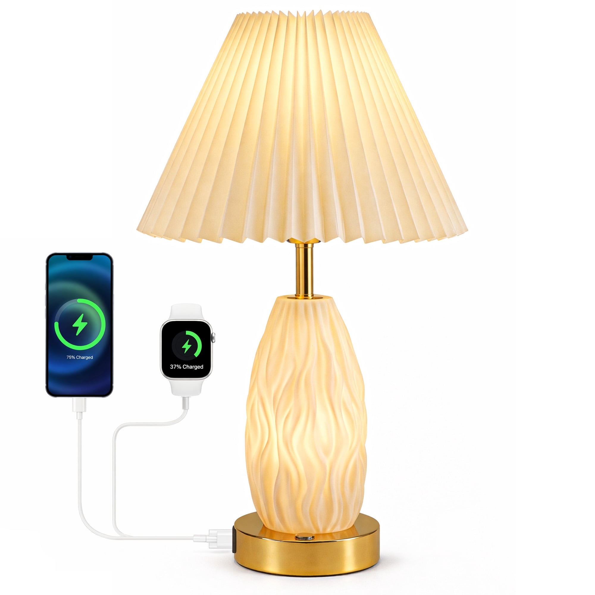 HadinEEon 17.5" Table Lamp with USB A&C Ports and Night Light, Touch Control 3 Way Dimmable Beside Lamp, for Bedroom Living Room Office, Beige