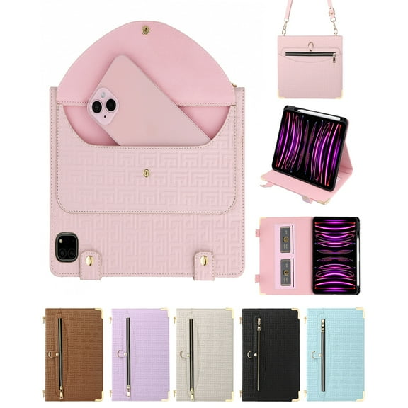 ELEHOLD for iPad Pro 11-inch (M5) 2025/(M4) 2024 Case, Luxury PU Leather Pencil Holder Money Pocket Kickstand Metal Corner Protection Shockproof Flip Cover with Shoulder Strap,Pink