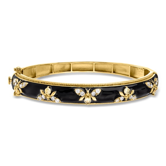 Ross-Simons 1.40 ct. t.w. White Topaz and Black Enamel Bumblebee Bangle Bracelet, Women's, Adult