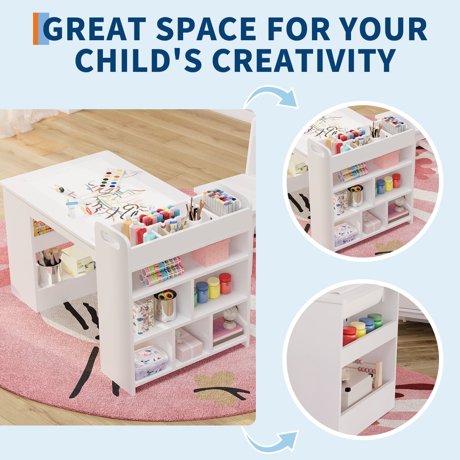 Kids Art Table and Chair Set with Storage Shelves & Paper Roll – Large Wooden Craft & Activity Desk for Drawing, Painting, Learning, Reading – 3-Piece Set – White