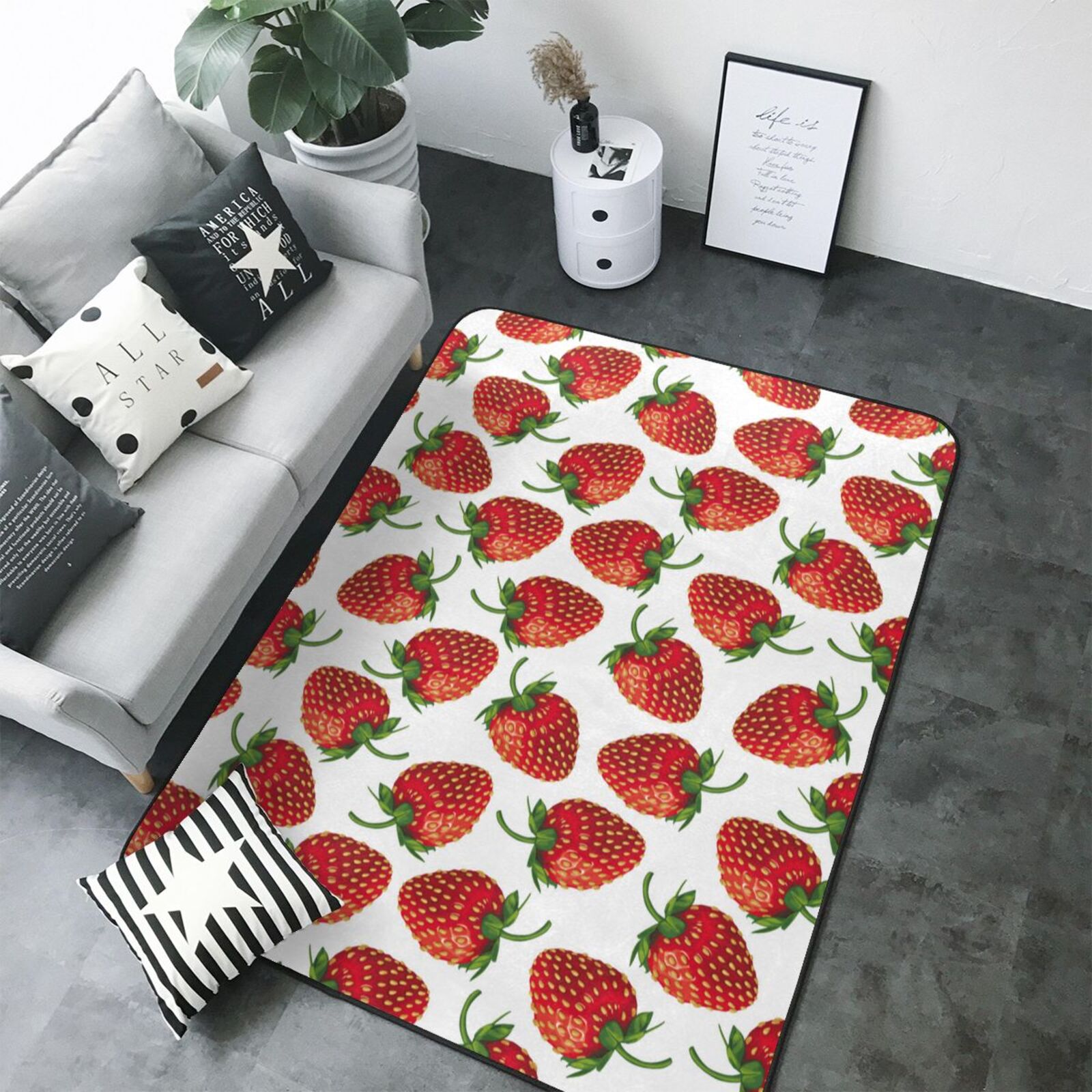 strawberries print Area Rugs for Living Room Bedroom, 5x7 Soft Throw Washable Rug Non-Slip Carpet, Indoor Floor Rug Bedroom Decor Aesthetic