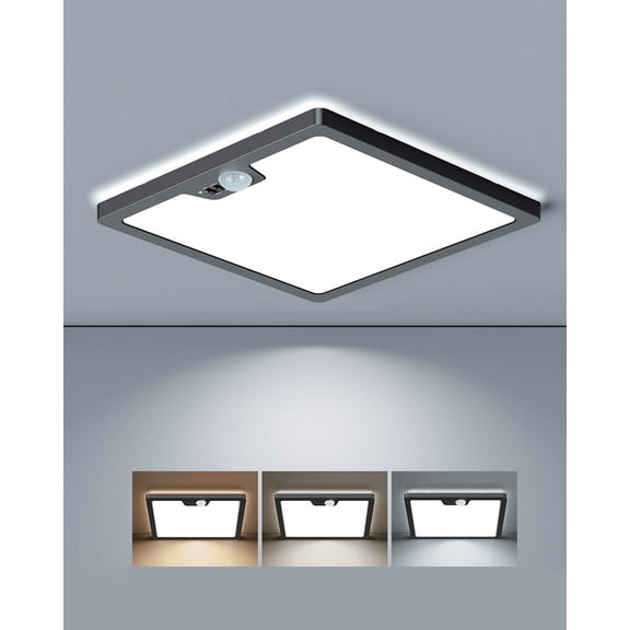 Annaror 12" Motion Sensor Ceiling Light Wired, 3000K 4000K 5000K Selectable, 24W Flush Mount Square Motion Ceiling Light with 3 Timer for Closet Porch Stairs Hallway,Black