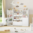 thumbnail image 6 of 55” Toy Storage Organizer, 5-in-1 Kids Bookshelf with Movable Drawer and Book Shelves Behind The Doors, Toy Organizer Playroom Storage Organizer with 6 Toy Bins and 8 Storage Cubes, White, 6 of 8