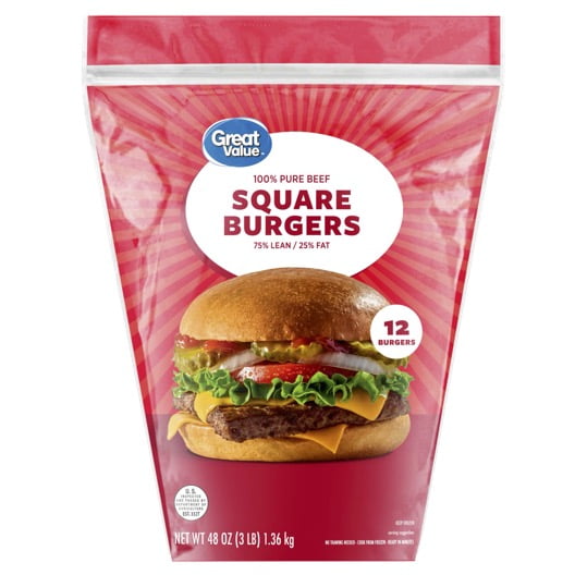 Great Value 100% Pure Beef Square Burgers, 75% Lean / 25% Fat, 3 lb, 12 Count (Frozen)