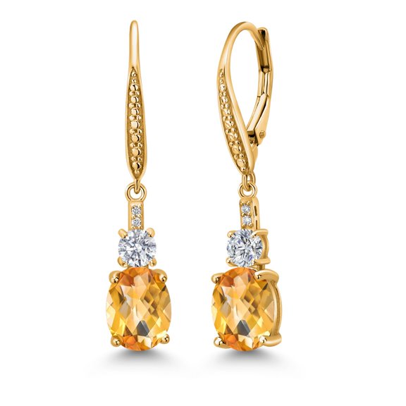 Gem Stone King 18K Yellow Gold Plated Silver Yellow Citrine and White Lab Grown Diamond Dangle Earrings for Women (3.87 Cttw, Oval Checkerboard 9X7MM)