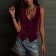 thumbnail image 6 of Vintage Velvet Vest for Women V Neck Cropped Sleeveless Casual Button Down Waistcoat Tops Regular Fitted Jacket Waistcoat Summer Trendy Going Out suits For Womens Fashion Womens Tops Wine XL, 6 of 7