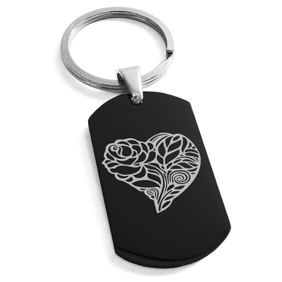 Stainless Steel Love Heart Floral Rose Engraved Dog Tag Keychain Keyring