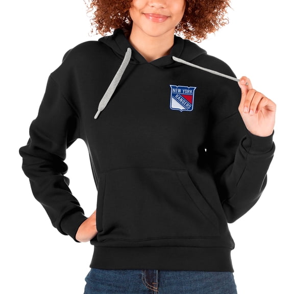 Women's Antigua Black New York Rangers Primary Logo Victory Pullover Hoodie