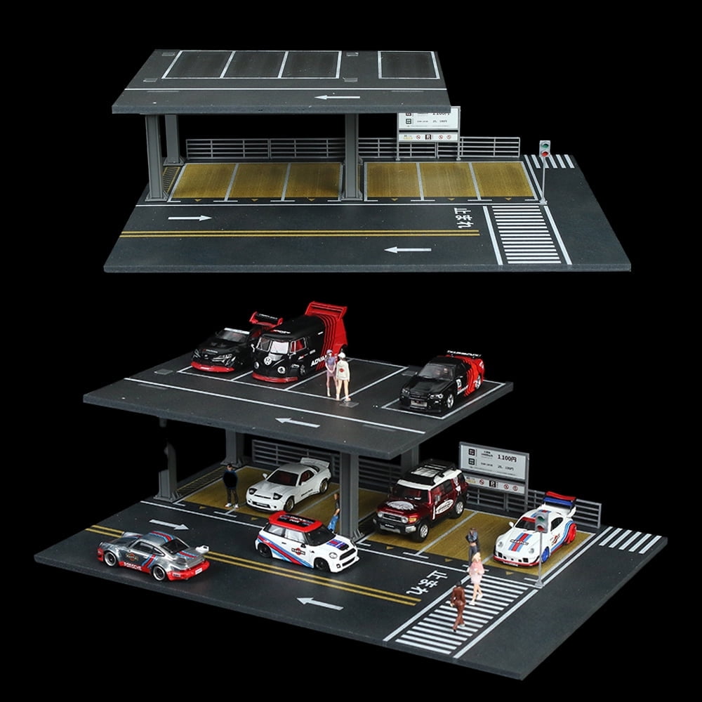 NUEIOVRW Diorama 1:64 Parking Lot Model, LED Lighting Diecast Car Garage Display Model, Car Showroom Scene Building Model Toy Gift, Car Models Display Case