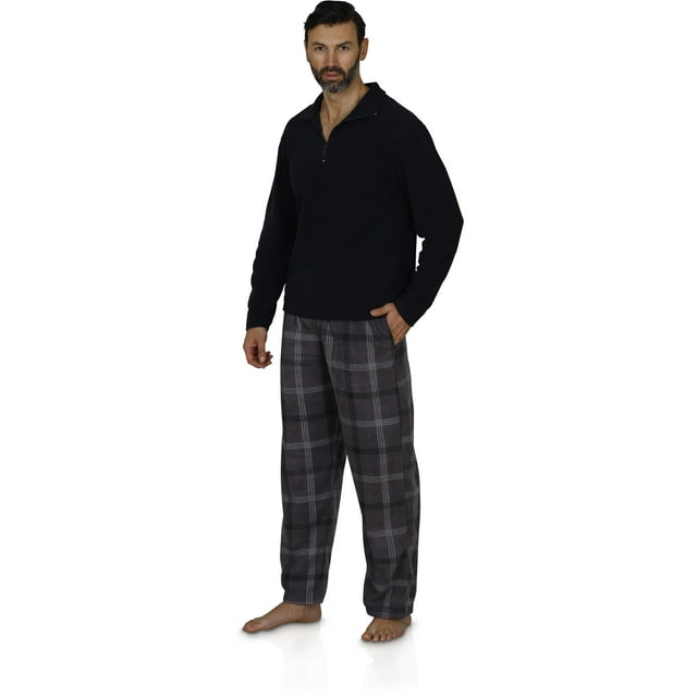 Men's Pajama Long Sleeve Top and Plaid Pants Fleece Sleepwear Set