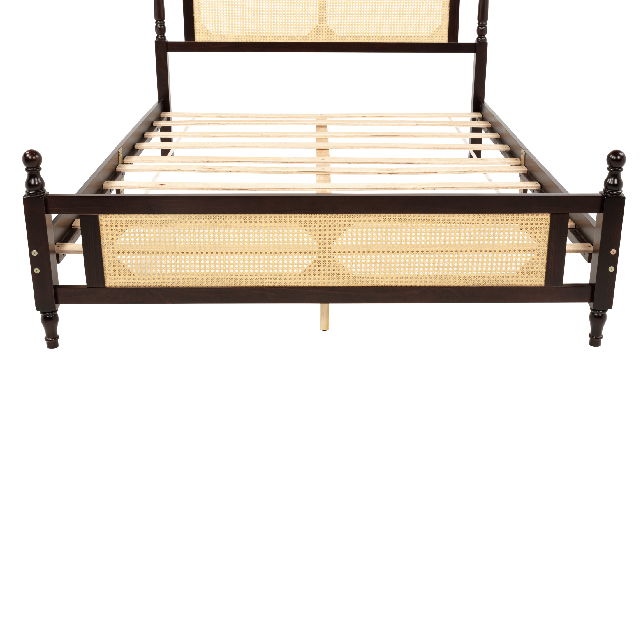 Noble House Elsie Queen Bed, Pine Wood Frame with Rattan Headboard & Footboard, Enhanced Slat Platform, Espresso