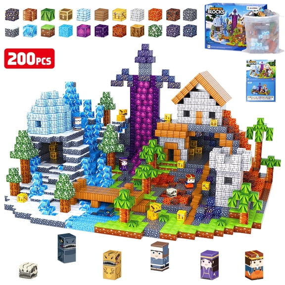 AUOSHI 200 PCS Magnetic Tiles & Building Blocks,ABS Magnetic Cubes, Strong Magnet STEM Educational Learning Toys,Creative Construction Play Set with Storage Bag for Toddlers Kids Boys Girls 3 