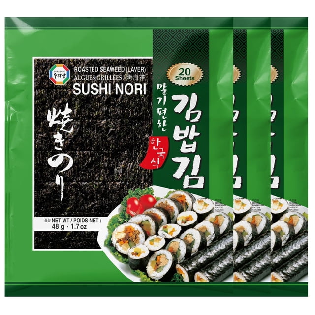 Premium Nori Sheets for Sushi & Gimbap - Korean Roasted Seaweed Sheets, 20 Full Size Sheets, Pack of 3 - Naturally Salty Sushi Nori with Umami Flavor, 10 Calories, No Sugar