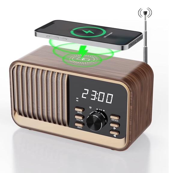 Bluetooth Radio Speaker, larm Clock Radio with Wireless Charging, FM Radio Speaker with Bluetooth 5.3/FM Radio/USB Port/TF Card/Aux in, Speaker Portable Radio for Bedroom, Kitchen Outdoor