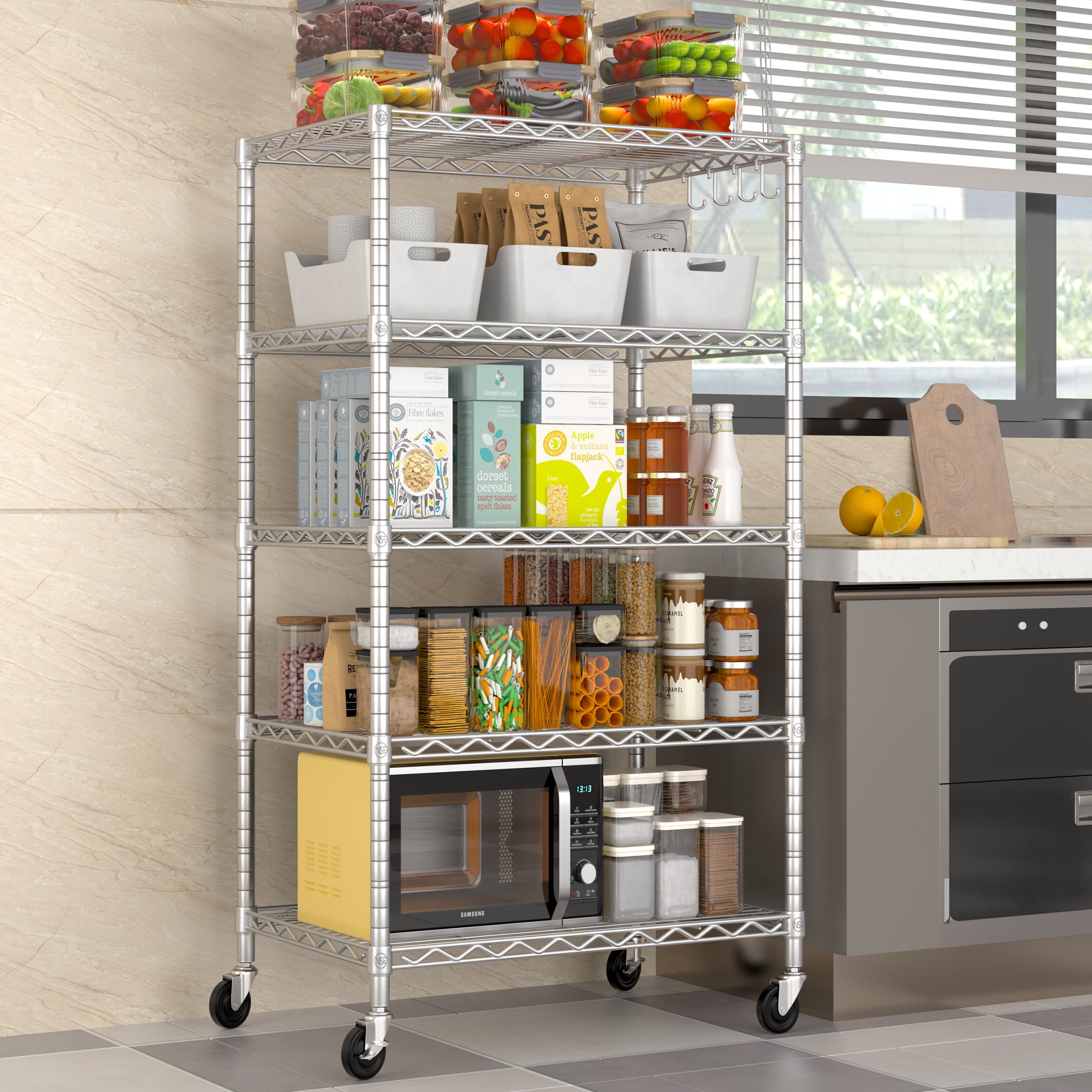 Prilinex 5 Tier Wire Shelving with Wheels 24"W x 18"D x 75"H Steel Storage Shelves, Adjustable Garage Shelves Organizer, Pantry Rack Rolling Metal Shelf 24"W x 18"D x 72"H, Chrome