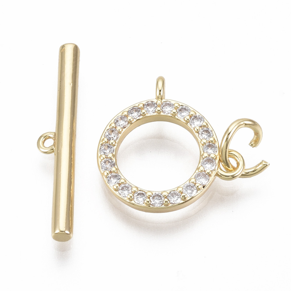 20 set Brass Micro Pave Clear Cubic Zirconia Toggle Clasps with Jump Rings Nickel Free Ring Real 18K golden Plated Total Length: 19mm Bar: 19x4x2mm Hole: 1.5mm Ring: 14.5x14.5x3mm Hole: 1.5mm