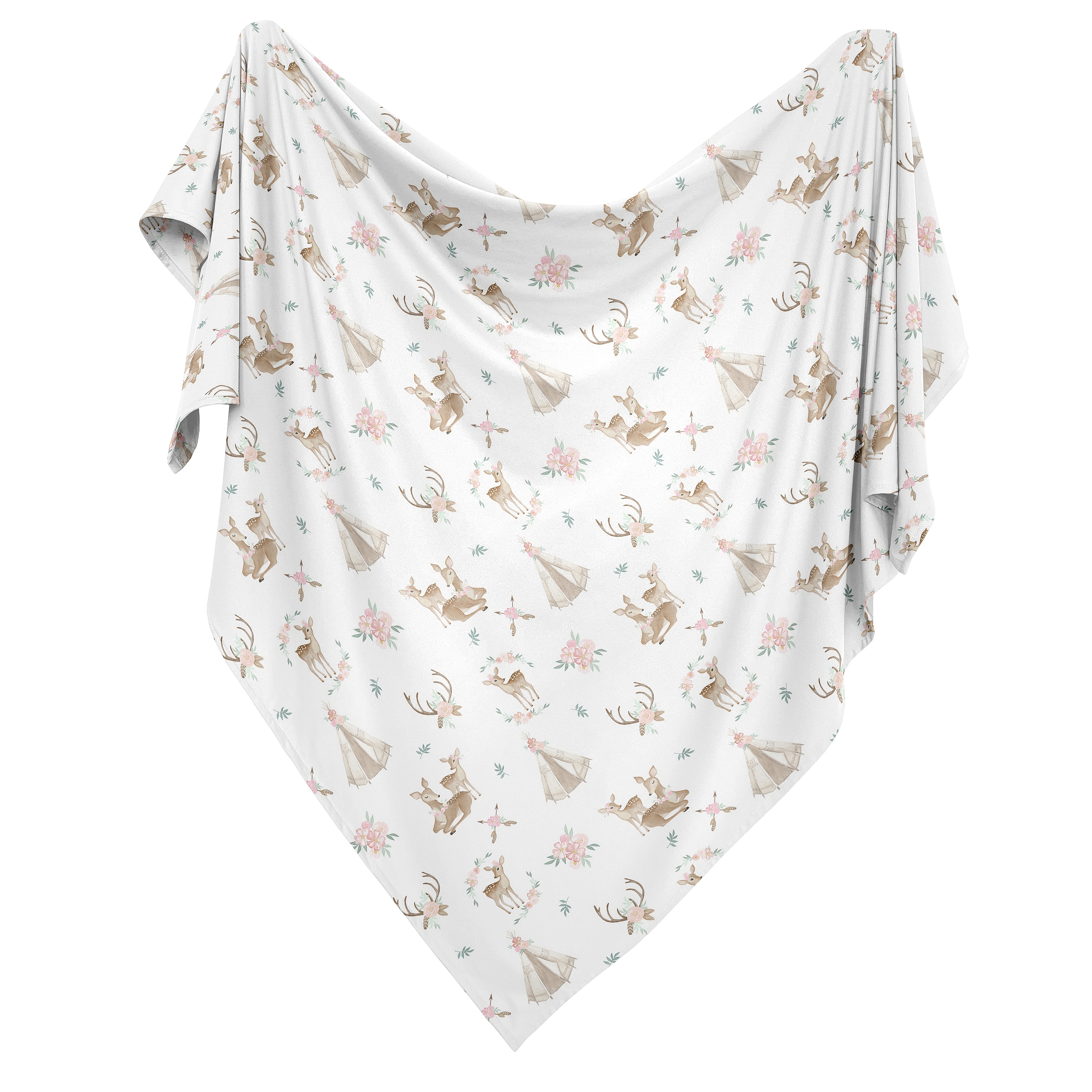 Sweet Jojo Designs Deer Floral Pink Green and White Swaddle Blanket