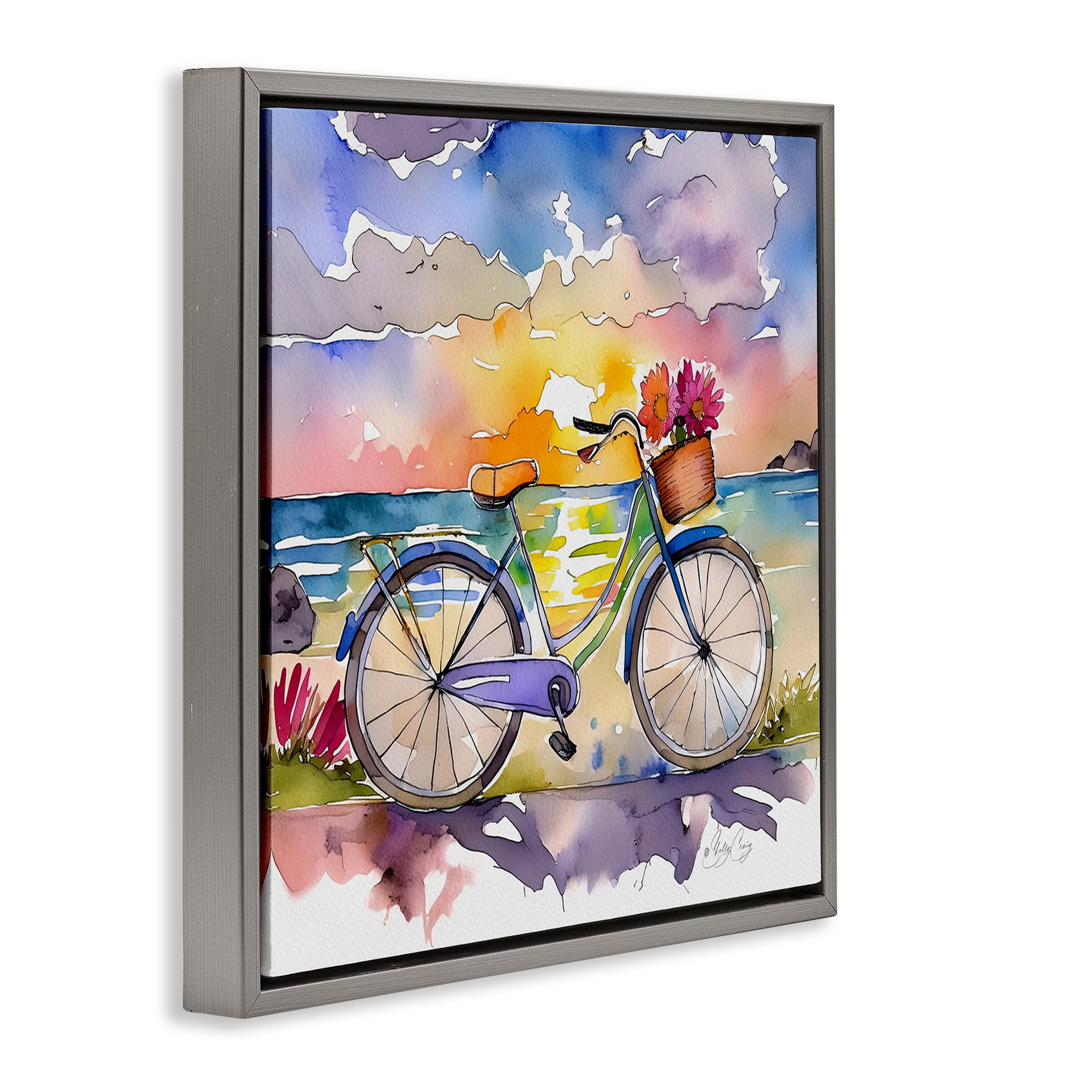 Stupell Industries Bicycle By The Seaside Gray Framed Floater Canvas Wall Art, design by Shelly Craig